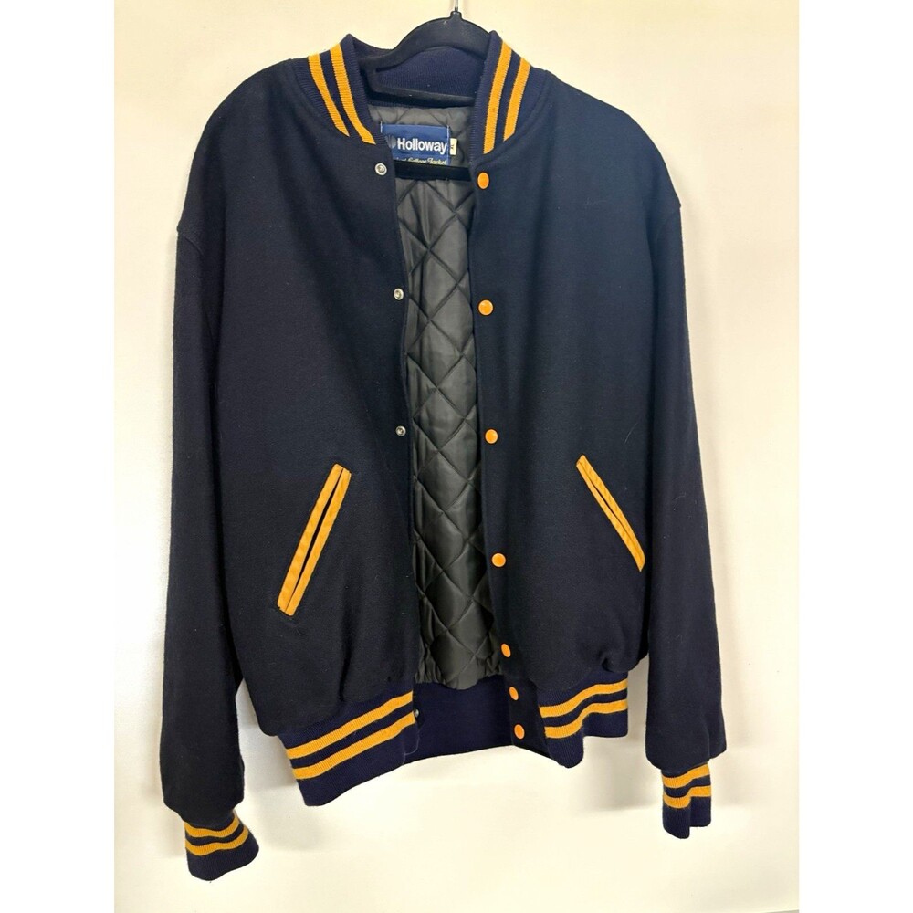Vintage Holloway Varsity Jacket XL Navy Gold Wool Letterman Made In USA Quilted